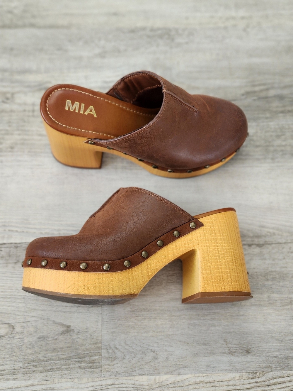 MIA Brown Leather Studded Wood-Textured Clog Heels